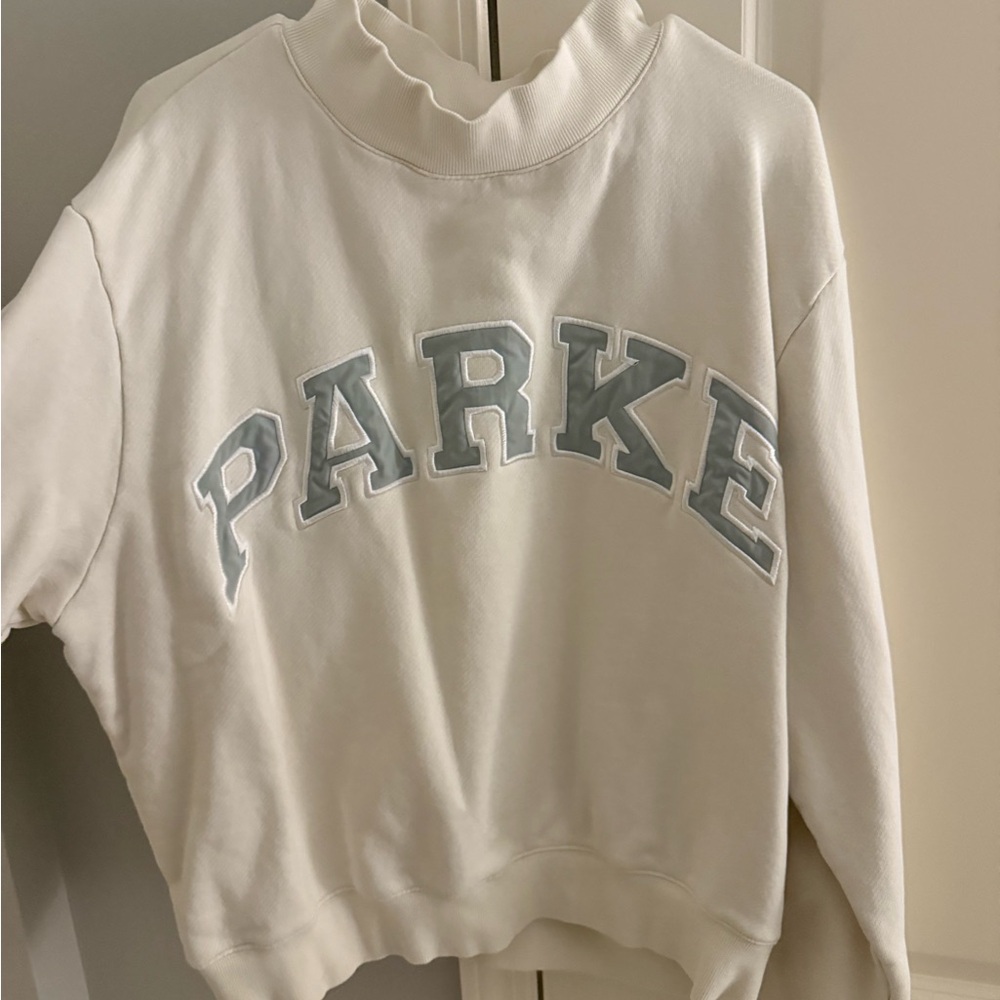 PARKE Women's Cream and Blue Mock Neck Sweatshirt